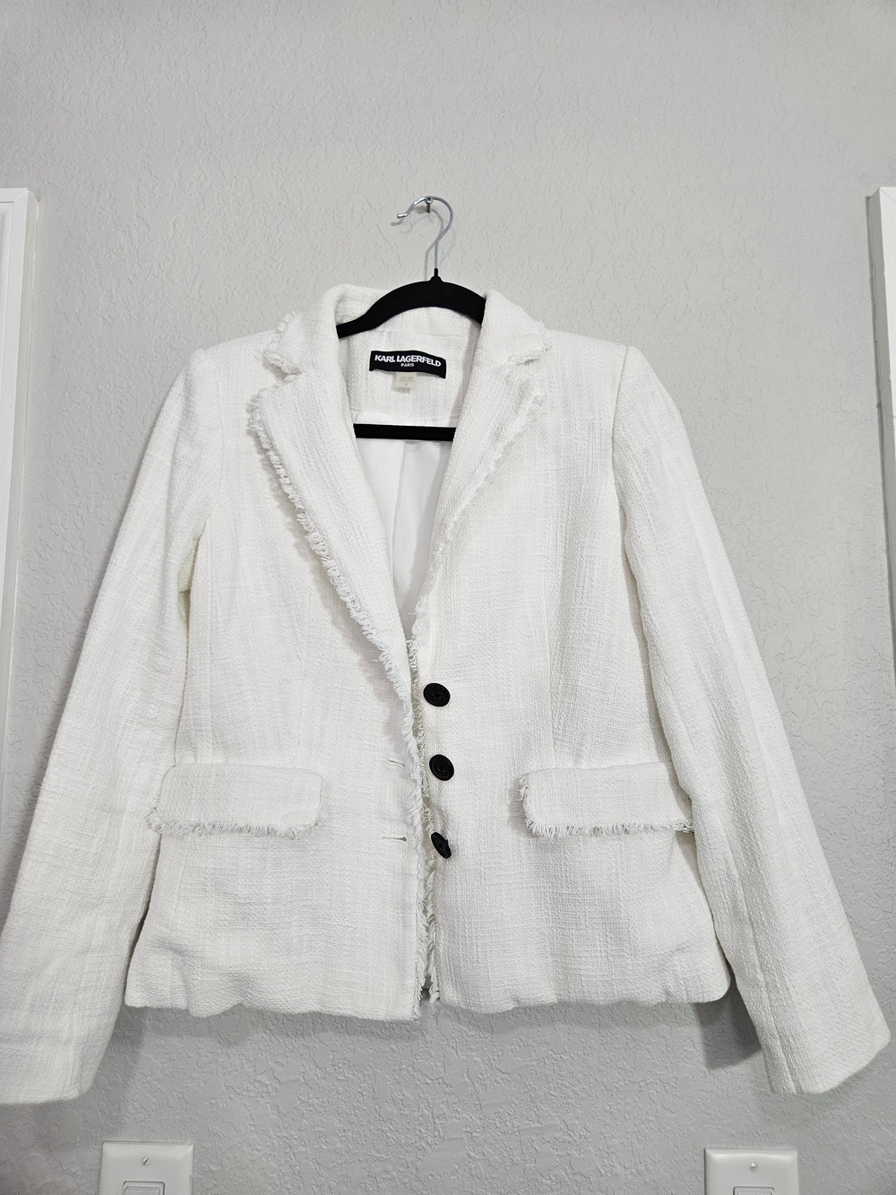 Karl Lagerfeld White Tweed Frayed-Trim Blazer
